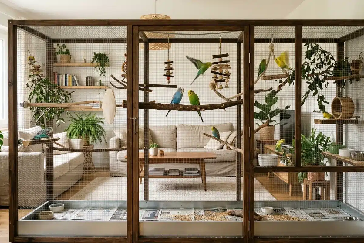 Cage large et volière aménagée pour perruche Volière d'intérieur spacieuse pour perruches avec perchoirs en bois et jouets, dans un salon clair