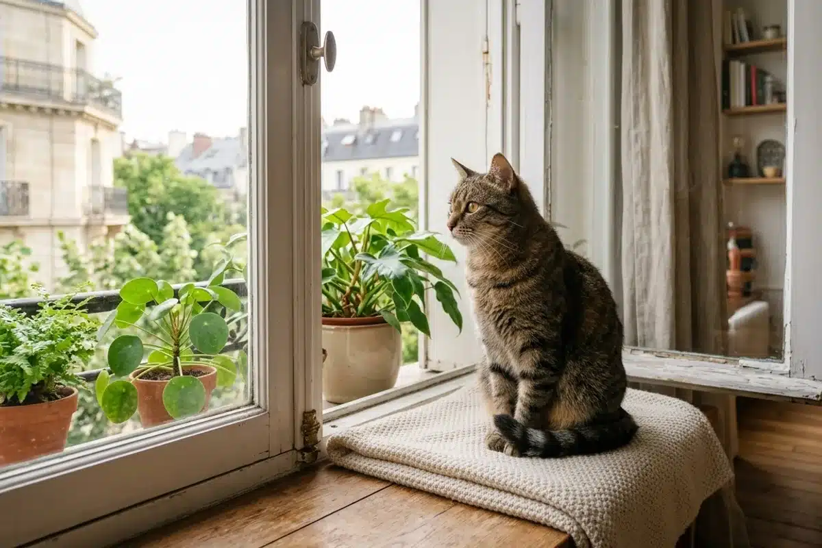 Chat installé près d'une fenêtre d'appartement Chat tigré posé près d'une fenêtre d'appartement donnant sur des toits