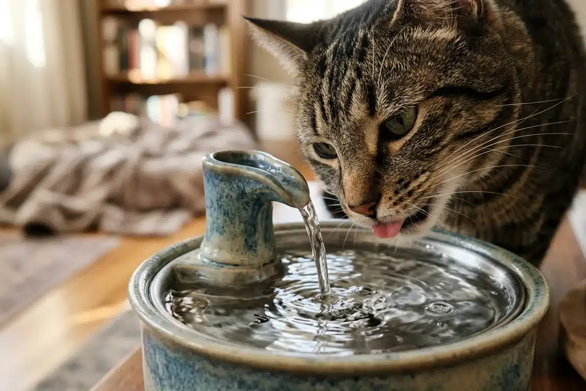 Chat buvant à une fontaine à eau Un chat boit l'eau qui coule d'une fontaine à eau en céramique pour chat