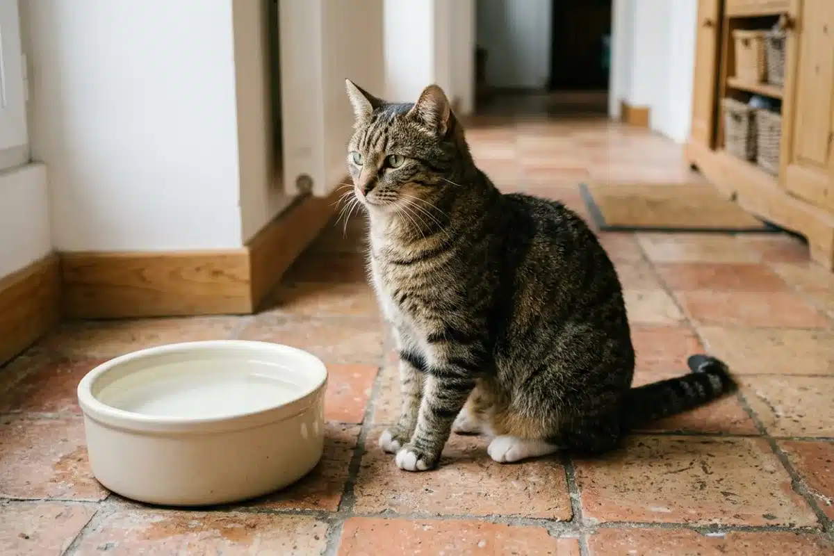 Chat assis près de sa gamelle d'eau Un chat tigré assis sur un sol en terre cuite détourne la tête de sa gamelle d'eau