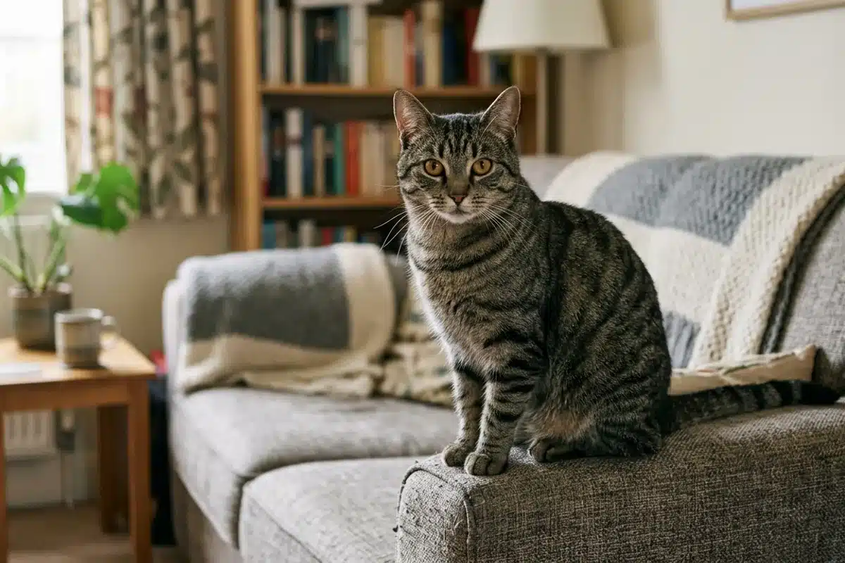 Chat européen au pelage tigré Chat européen tigré assis sur l'accoudoir d'un canapé dans un salon