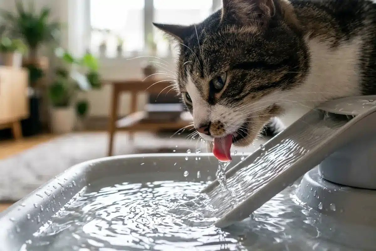 Chat qui lape l'eau courante d'une fontaine Gros plan d'un chat lapant l'eau courante d'une fontaine, gouttes visibles