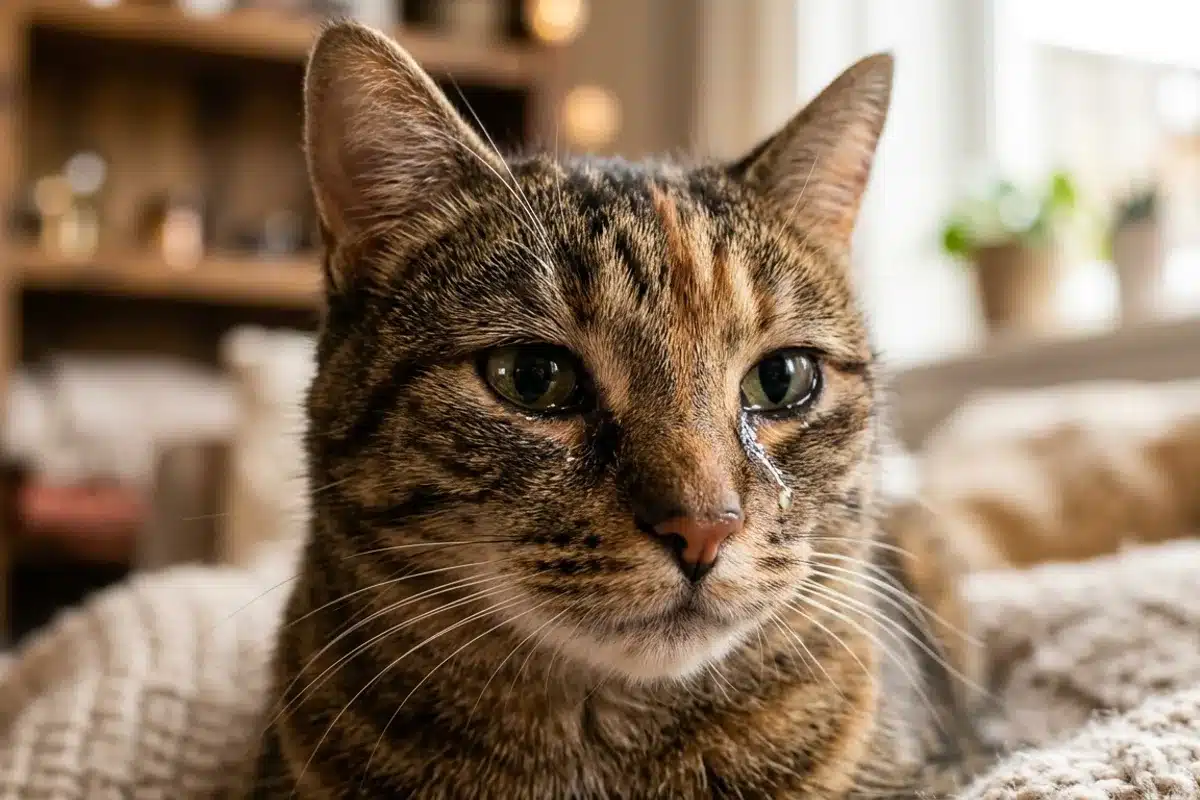 Chat qui pleure avec un œil larmoyant et une traînée de larme