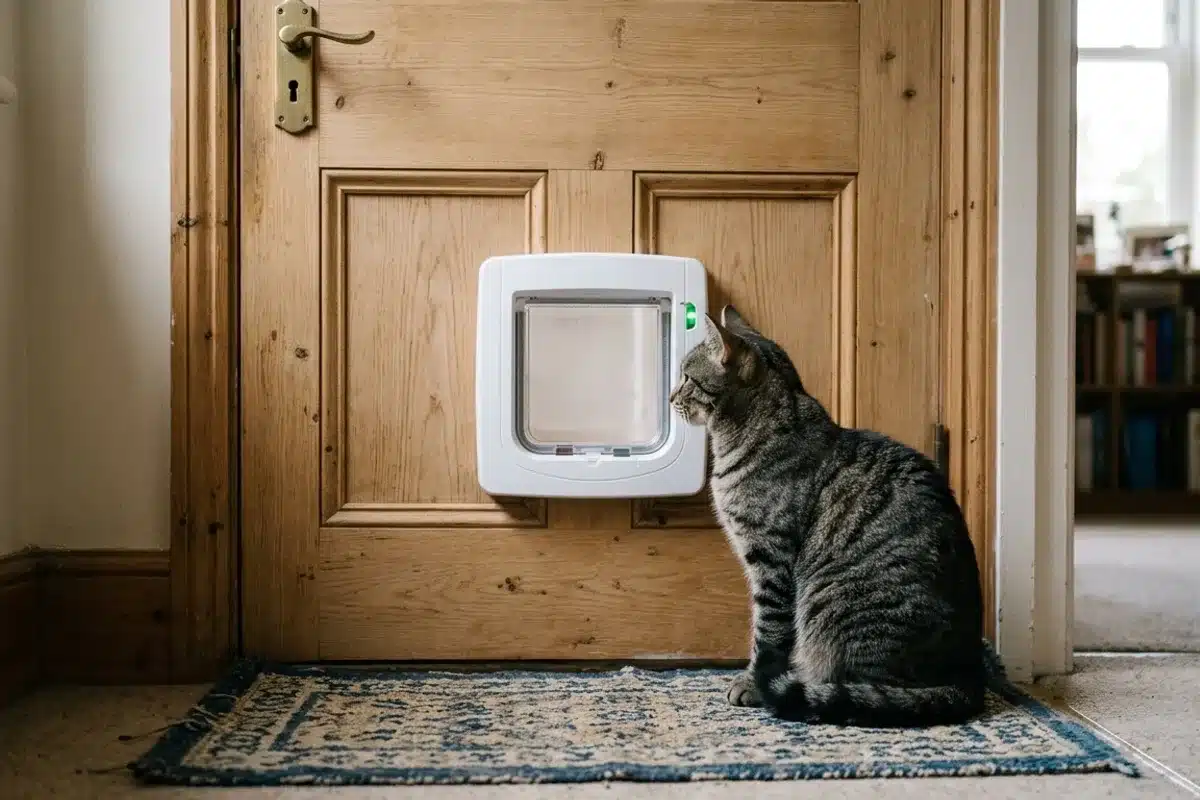 Chatière à puce lisant l'identification du chat Chatière à puce électronique blanche avec voyant vert sur une porte en bois, un chat gris tigré assis devant la trappe