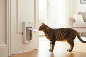 Chatière à puce installée dans une porte blanche, un chat tigré s'approche de la trappe dans un salon lumineux