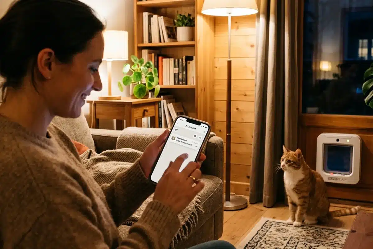 Chatière connectée avec notification sur smartphone Une personne consulte sur son smartphone une notification de chatière connectée, un chat roux assis près de la porte le soir
