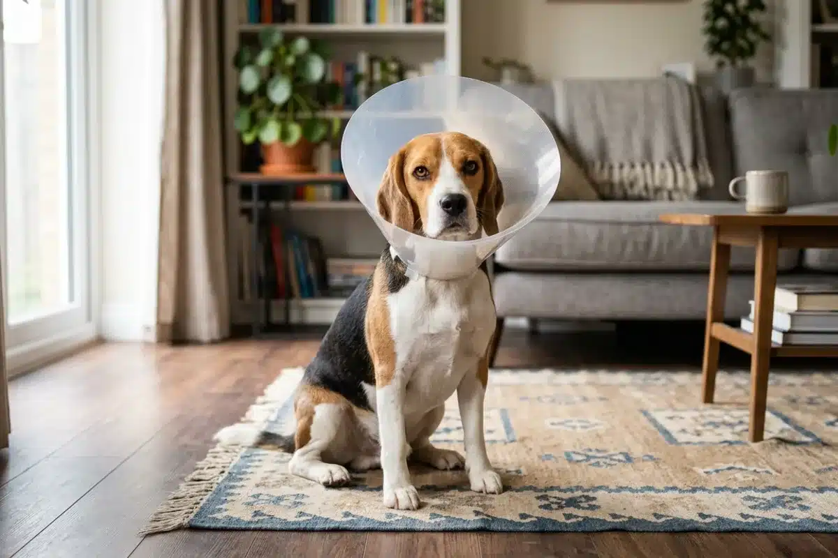 Chien portant une collerette après une opération Beagle portant une collerette de protection pour ne pas lécher sa plaie après une opération