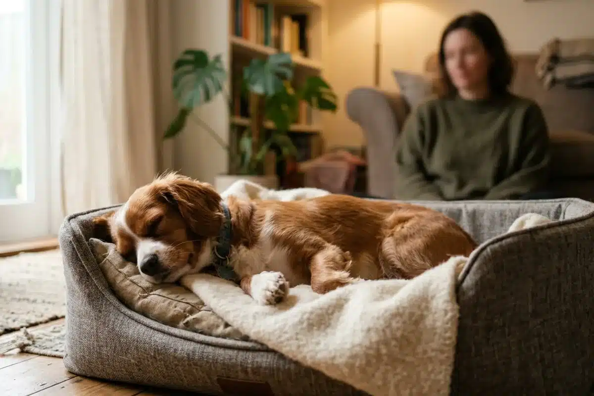 Chien au repos pendant sa convalescence Chien endormi paisiblement dans son panier, une personne attentive en arrière-plan