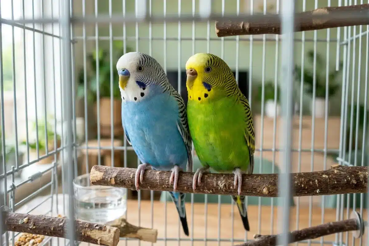 Choisir une perruche en bonne santé Deux perruches ondulées en bonne santé au plumage lisse perchées côte à côte dans une cage, yeux vifs