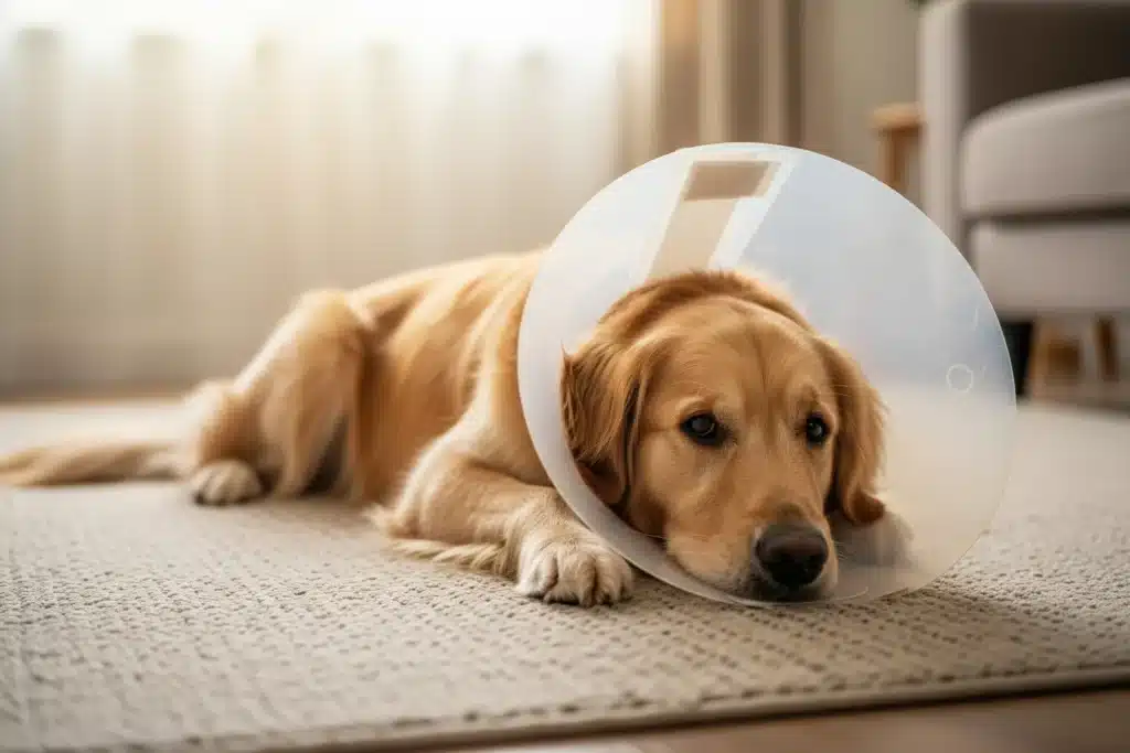 Cicatrisation des points de suture chez le chien : chien convalescent portant une collerette au repos