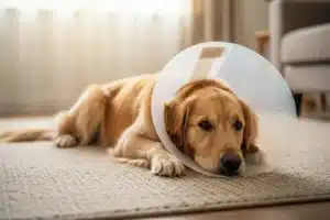 Cicatrisation des points de suture chez le chien : chien convalescent portant une collerette au repos