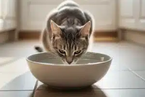 Comment faire boire un chat : un chat tigré boit de l'eau dans une large gamelle en céramique blanche