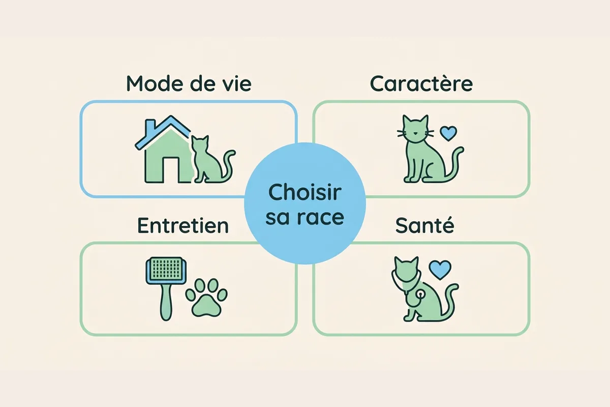 Les quatre critères pour choisir une race de chat Schéma des quatre critères pour choisir une race de chat : mode de vie, caractère, entretien, santé