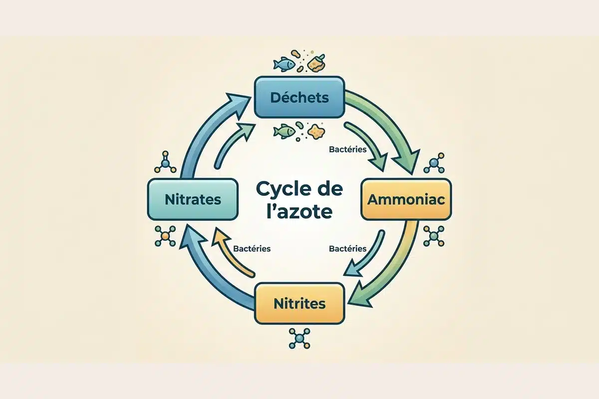 Schéma du cycle de l'azote en aquarium Schéma du cycle de l'azote en aquarium : déchets, ammoniac, nitrites, nitrates