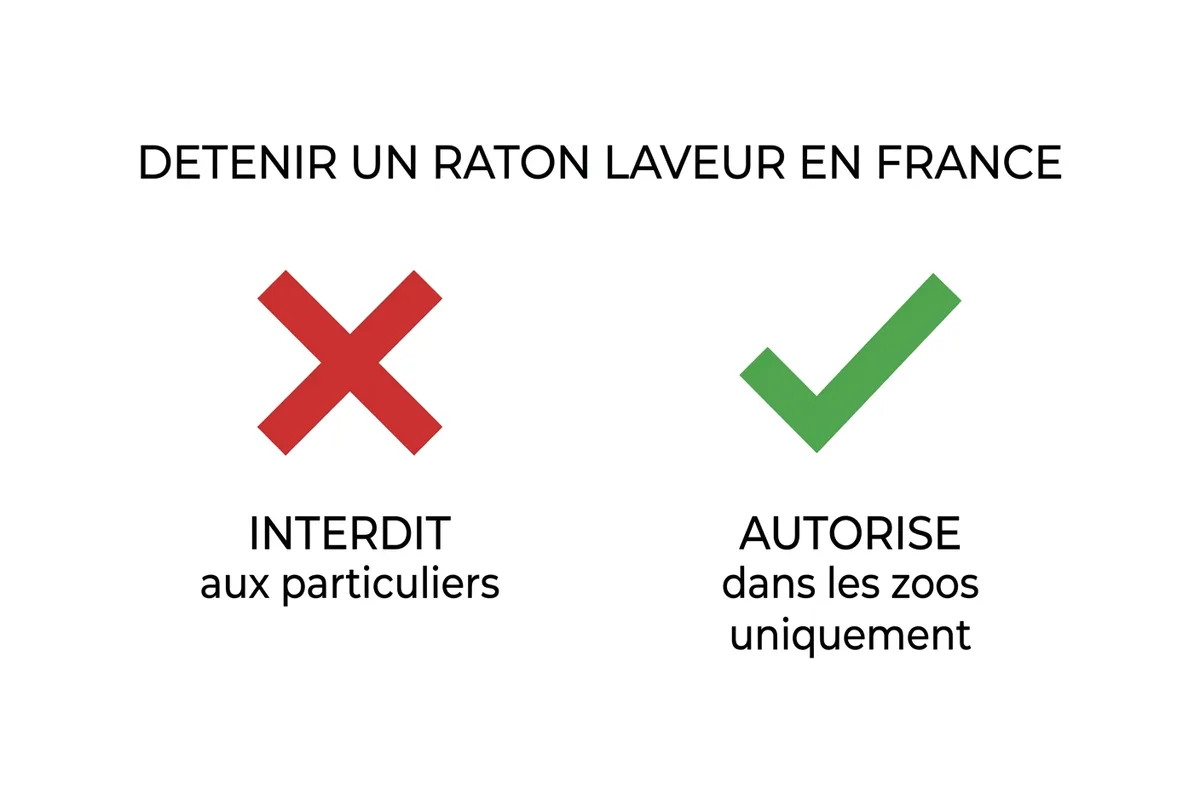 Détenir un raton laveur en France : ce que dit la loi Schéma : détenir un raton laveur est interdit aux particuliers, autorisé dans les zoos uniquement