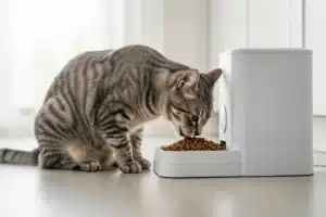 Distributeur de croquettes automatique blanc d'où un chat tigré gris mange ses croquettes dans une pièce claire