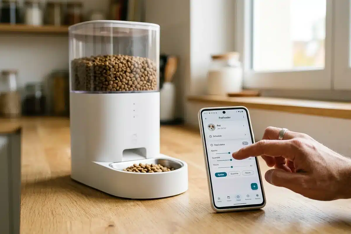 Programmation d'un distributeur de croquettes connecté Main réglant une application mobile à côté d'un distributeur de croquettes connecté au réservoir transparent rempli de croquettes