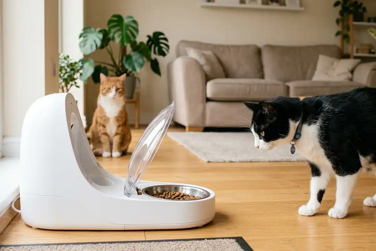 Distributeur de croquettes pour foyer à deux chats Distributeur de croquettes blanc à trappe dans un salon, avec deux chats dont l'un s'approche pour manger