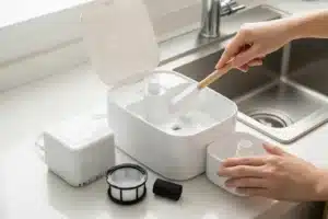 Nettoyage d'une fontaine à eau pour chat démontée près d'un évier, filtre et pompe posés sur le plan de travail