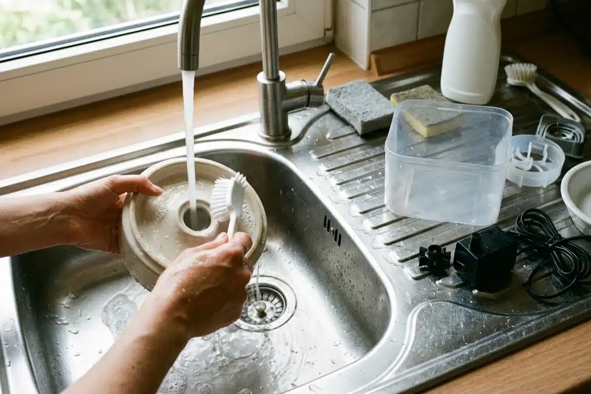 Nettoyage d'une fontaine à eau pour chat Mains nettoyant à la brosse une fontaine à eau pour chat démontée dans un évier