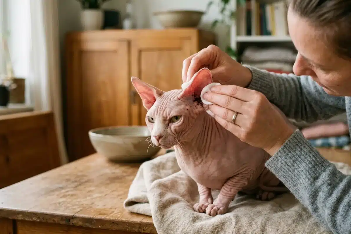 Entretien des oreilles d'un sphynx Nettoyage de l'oreille d'un chat sphynx avec un coton lors de son entretien