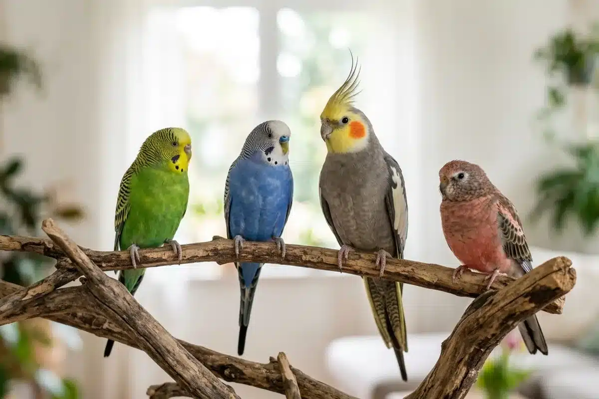 Espèces de perruches : ondulée, calopsitte et de Bourke Plusieurs espèces de perruches colorées perchées sur une branche, perruche ondulée verte et bleue, calopsitte et perruche de Bourke