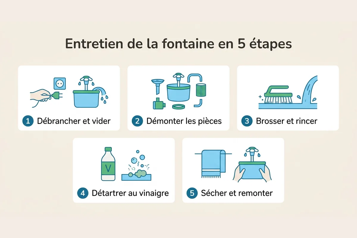 Les 5 étapes du nettoyage d'une fontaine à eau pour chat Schéma des cinq étapes pour entretenir une fontaine à eau pour chat