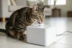 Chat tigré qui boit à une fontaine à eau blanche dans un salon clair