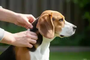 Puce du chien recherchee dans le pelage d un beagle inspecte par son proprietaire en exterieur