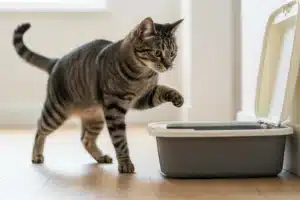 Litière pour chat : un chat tend la patte pour entrer dans son bac à litière ouvert