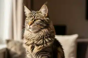 Maine Coon adulte assis de profil, pelage mi-long brun tabby et oreilles a plumets, interieur lumineux
