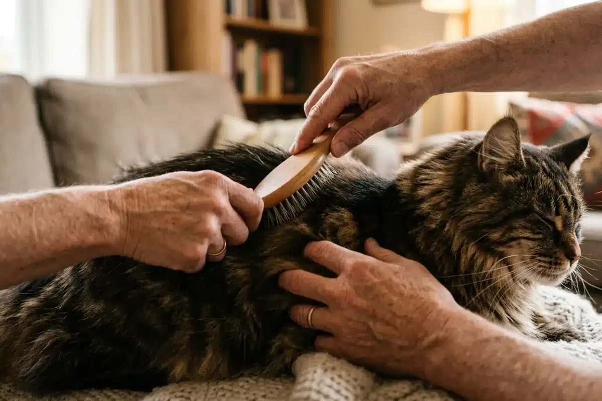 Brossage du pelage d'un Maine Coon Mains brossant le pelage mi-long d'un Maine Coon allonge avec une brosse en bois