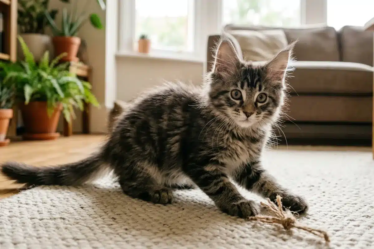 Chaton Maine Coon en train de jouer Chaton Maine Coon aux grandes oreilles a plumets, jouant avec une ficelle sur un tapis clair