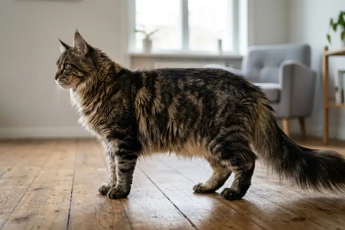 Maine Coon adulte de profil en pied Grand Maine Coon adulte debout de profil sur un parquet, montrant son long corps et sa queue touffue