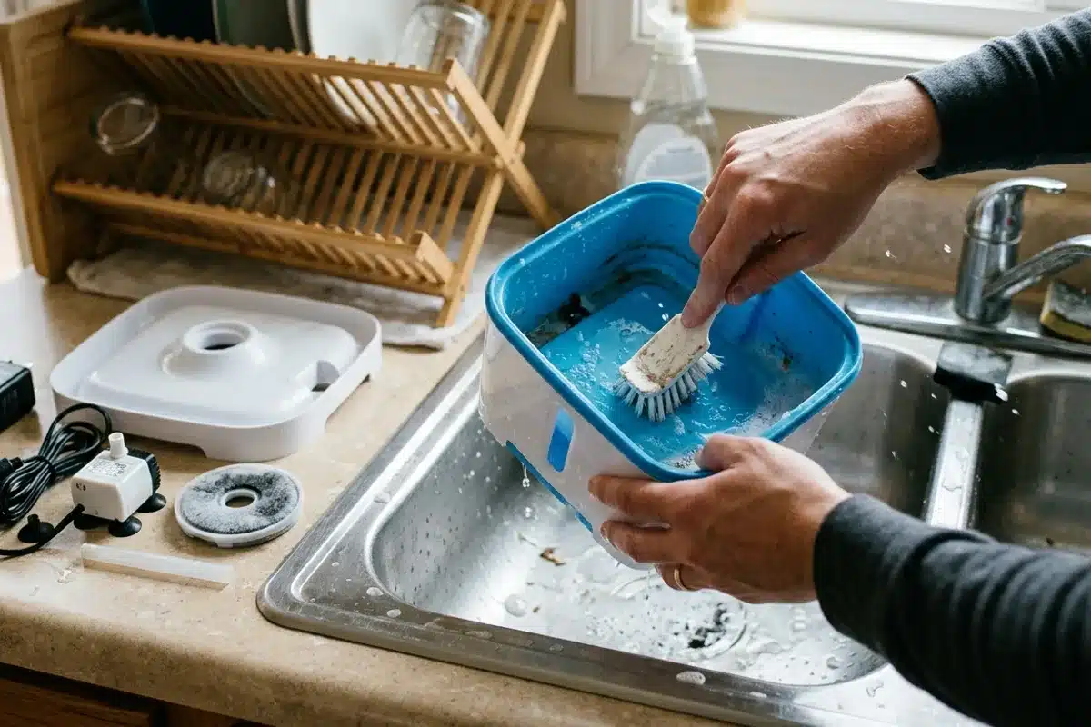 Nettoyage d'une fontaine à eau pour chat à la brosse Mains nettoyant à la brosse le réservoir d'une fontaine à eau pour chat démontée au-dessus d'un évier