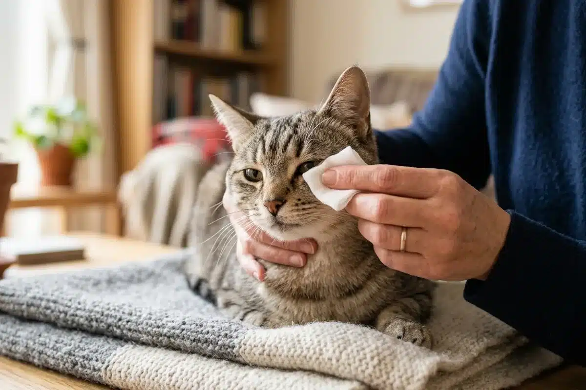 Nettoyer les yeux d'un chat qui pleure avec une compresse de sérum physiologique
