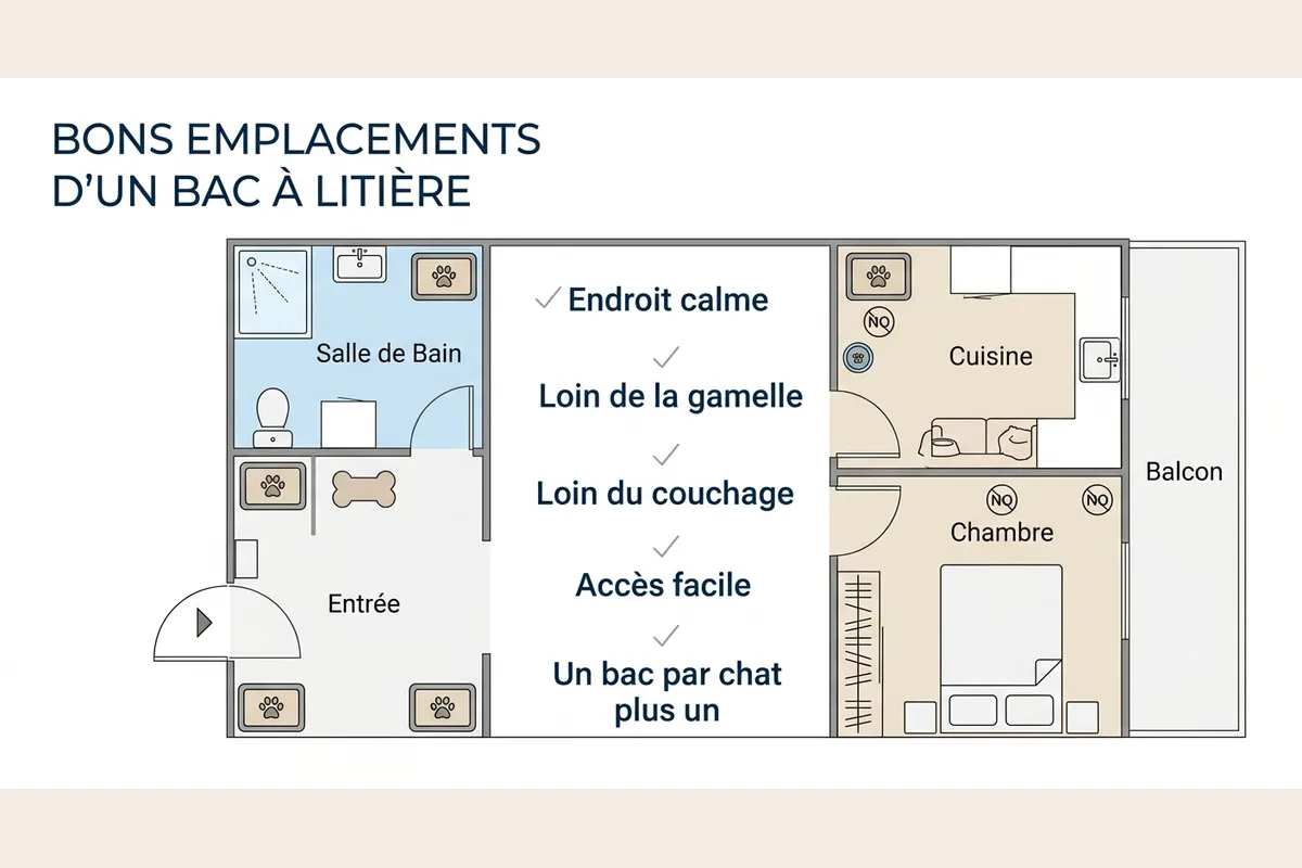 Où placer le bac à litière du chat Schéma des bons emplacements du bac à litière dans un logement