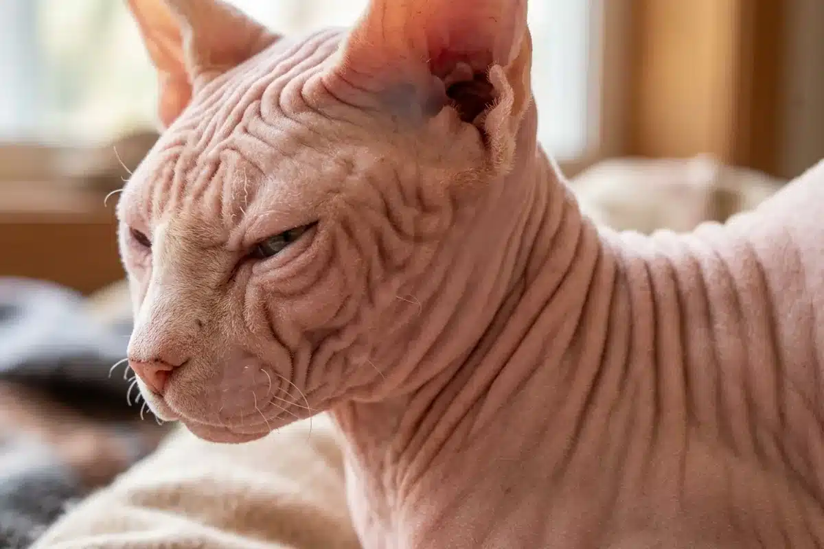 Peau plissee d'un chat sans poil Gros plan de la peau plissee et du fin duvet d'un chat sphynx