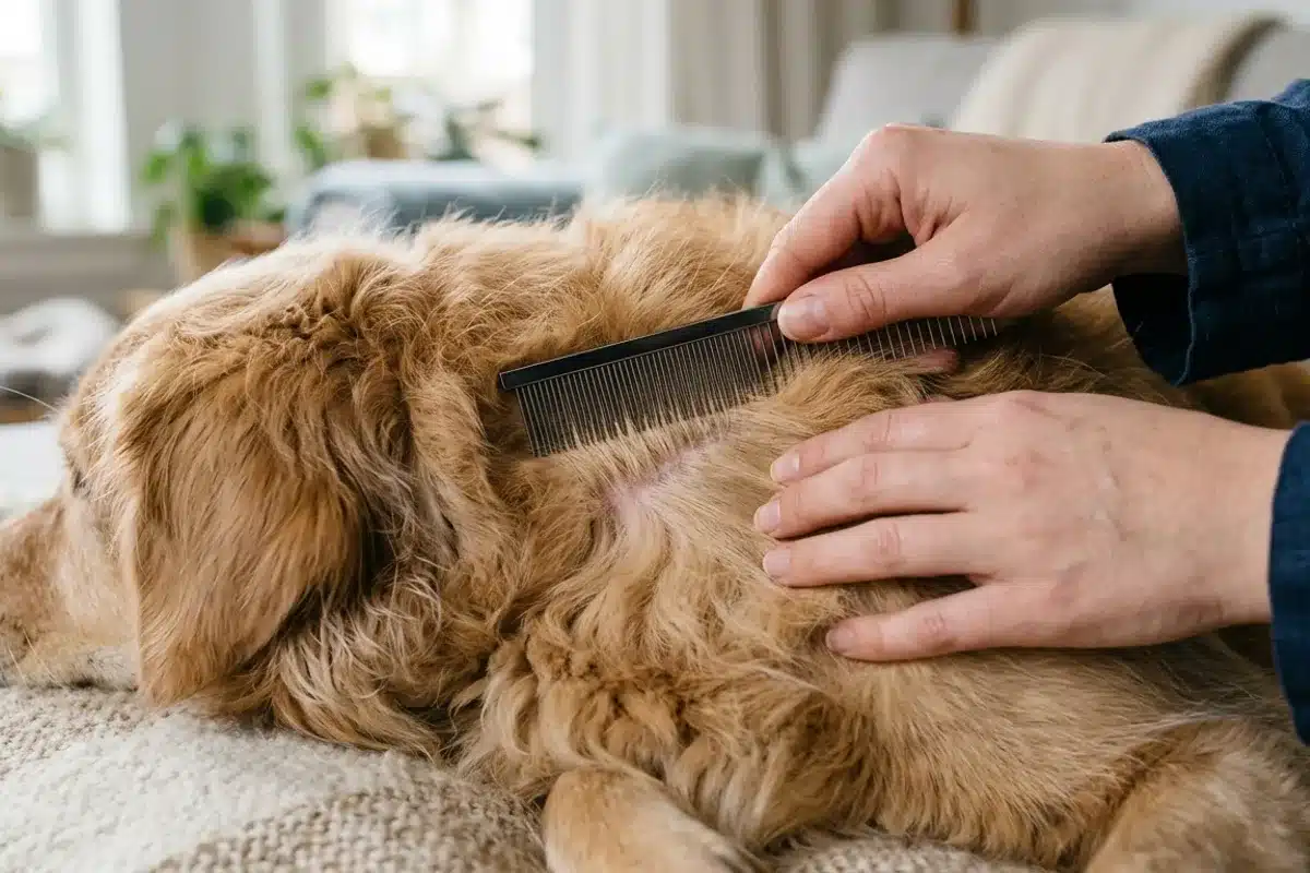Detection des puces du chien au peigne fin Peigne anti-puces a dents fines passe dans le pelage d'un chien pour reperer les puces