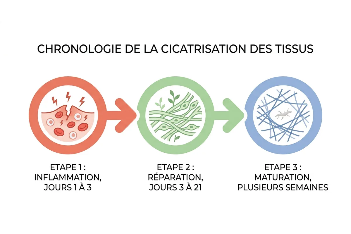 Les phases de cicatrisation d'une plaie chez le chien Schéma des trois phases de cicatrisation chez le chien : inflammation, réparation, maturation