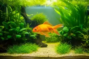 Poisson rouge orange nageant dans un aquarium d'eau douce planté et lumineux