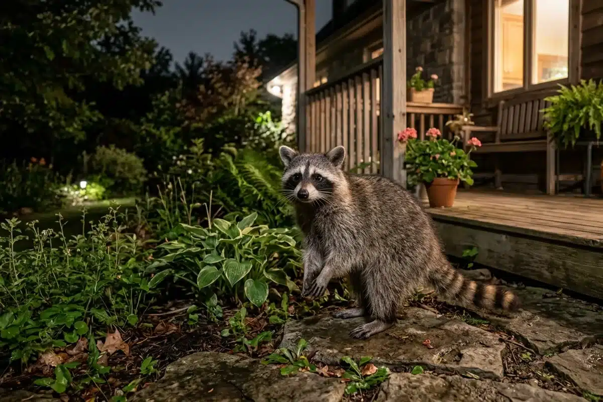 Raton laveur dans un jardin Raton laveur sauvage explorant un jardin la nuit, près d'une habitation