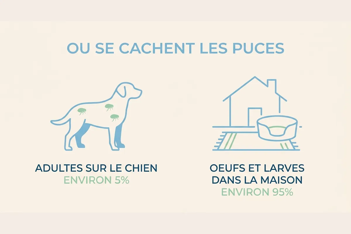 Repartition des puces entre le chien et son environnement Schema montrant qu'environ 95% des puces vit dans la maison et 5% sur le chien