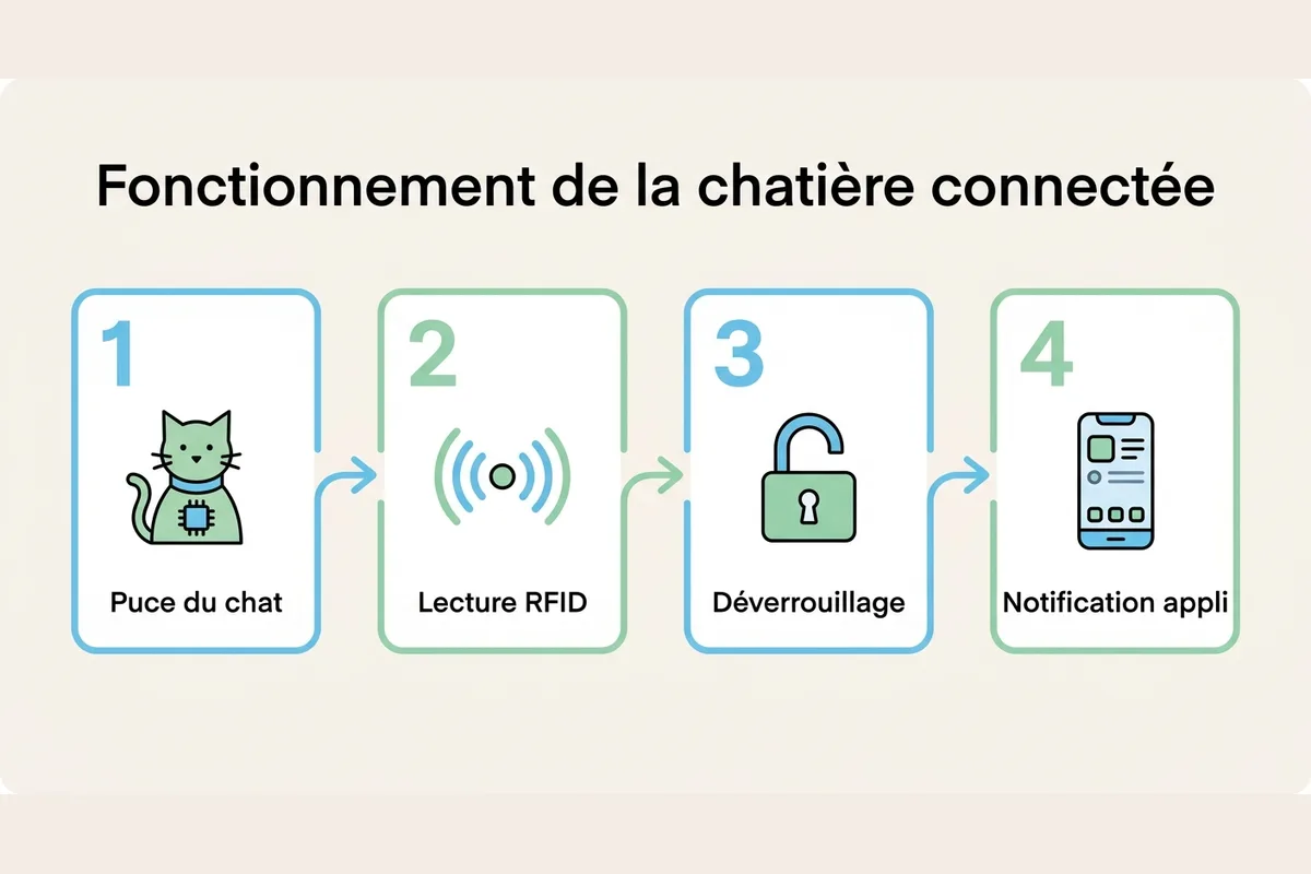 Fonctionnement d'une chatière connectée en 4 étapes Schéma des 4 étapes d'une chatière connectée, de la lecture de la puce du chat à la notification sur smartphone