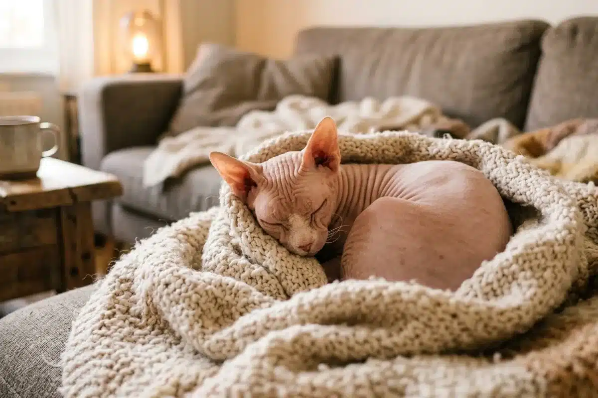 Sphynx blotti dans une couverture Chat sphynx endormi et enroule dans une couverture en laine pour se rechauffer