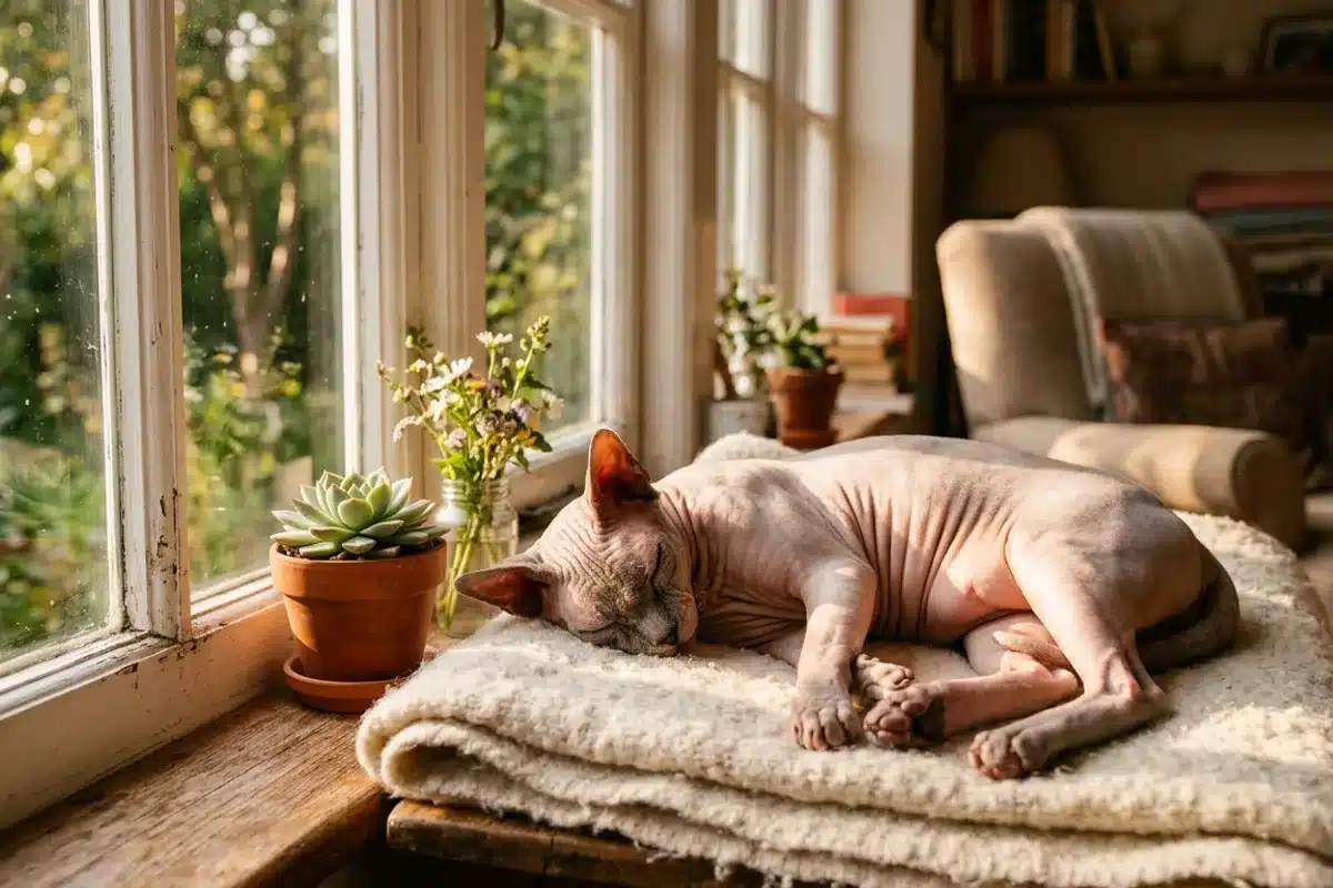 Sphynx au soleil pres d'une fenetre Chat sphynx endormi au soleil pres d'une fenetre, sur une couverture