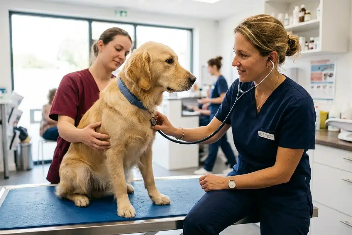 Symptomes d intoxication chez le chien Veterinaire auscultant un chien presentant des symptomes d intoxication