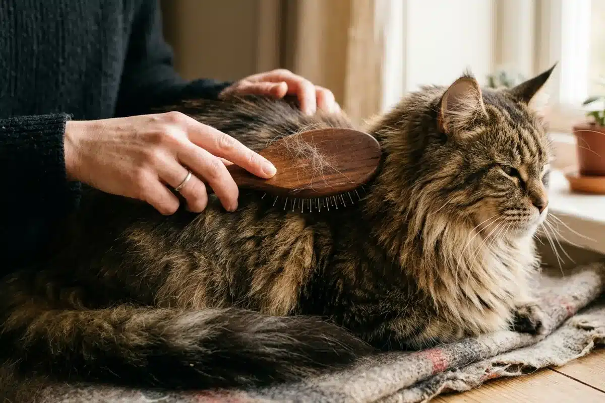 Brossage d'un chat à poil long Chat à poil long de type Maine Coon en train d'être brossé avec une brosse