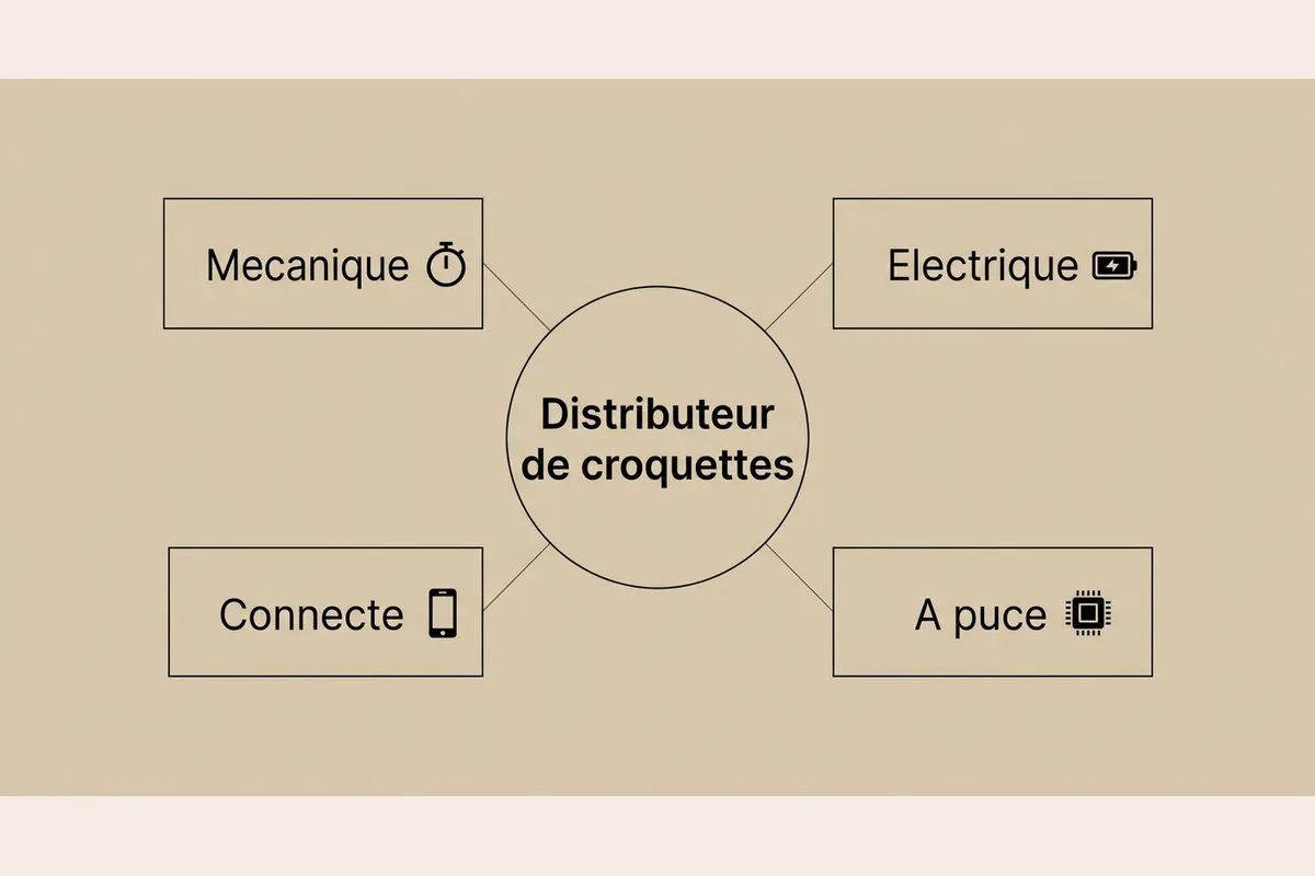 Les quatre types de distributeurs de croquettes Schéma comparant les quatre types de distributeurs de croquettes : mécanique, électrique, connecté et à puce électronique