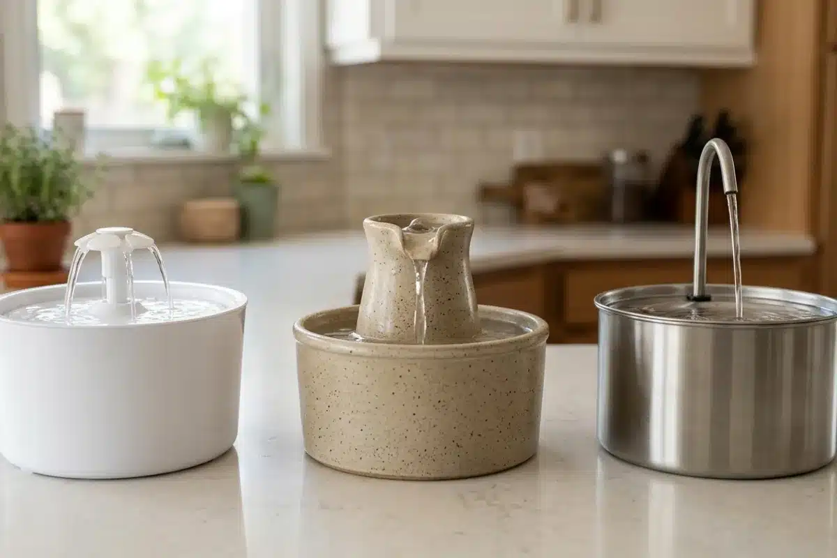 Trois fontaines à eau pour chat : plastique, céramique, inox Trois fontaines à eau pour chat en plastique, céramique et inox côte à côte